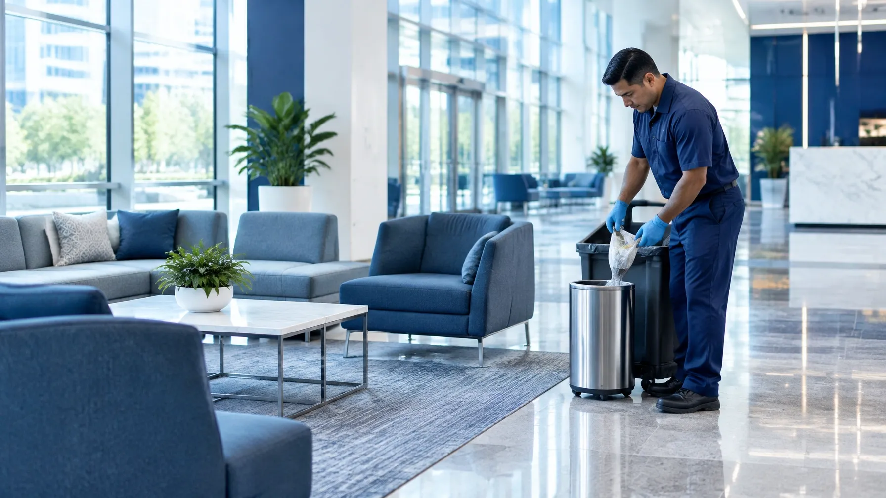 Day porter refreshing a busy corporate lobby during the workday