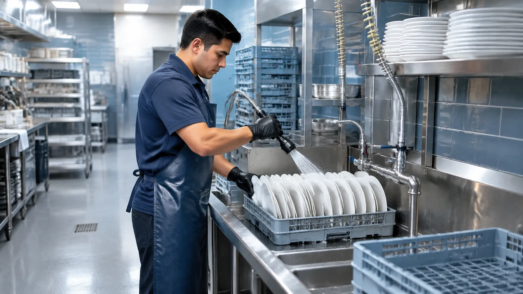 Dishwasher rinsing plates at a commercial hotel kitchen station