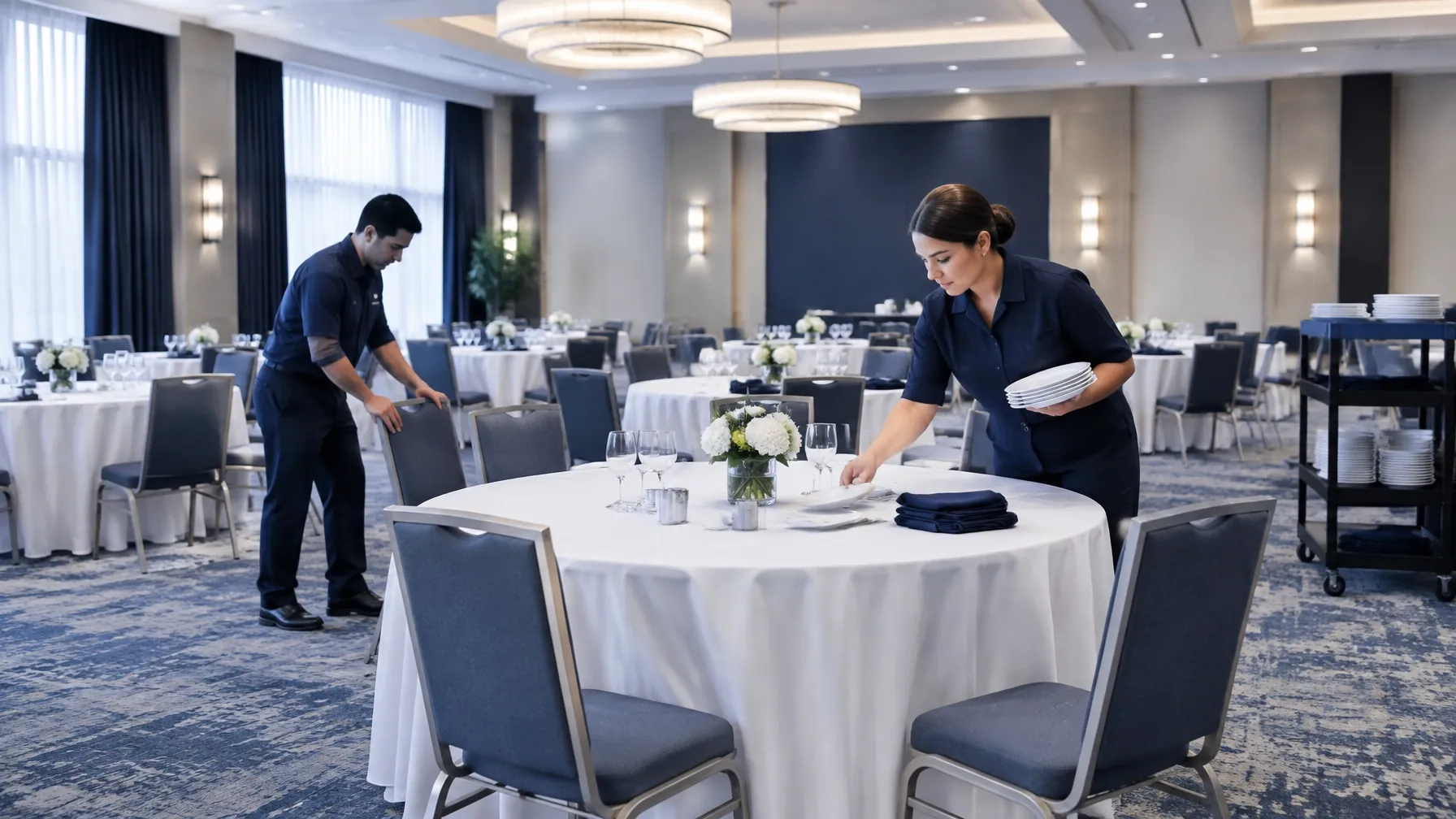 Hospitality staff resetting a hotel ballroom after a banquet