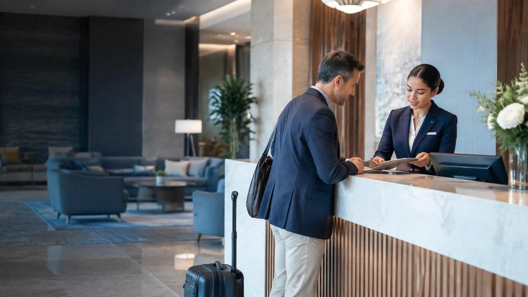 Hotel front desk clerk assisting a guest at reception