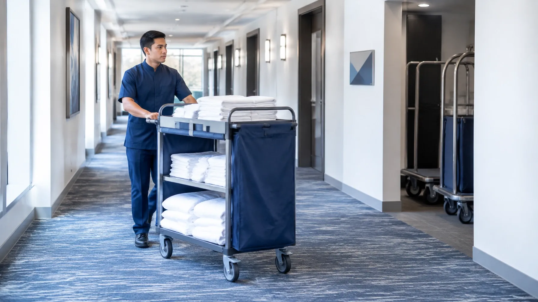 Hotel houseman moving a linen cart through a guest-room corridor