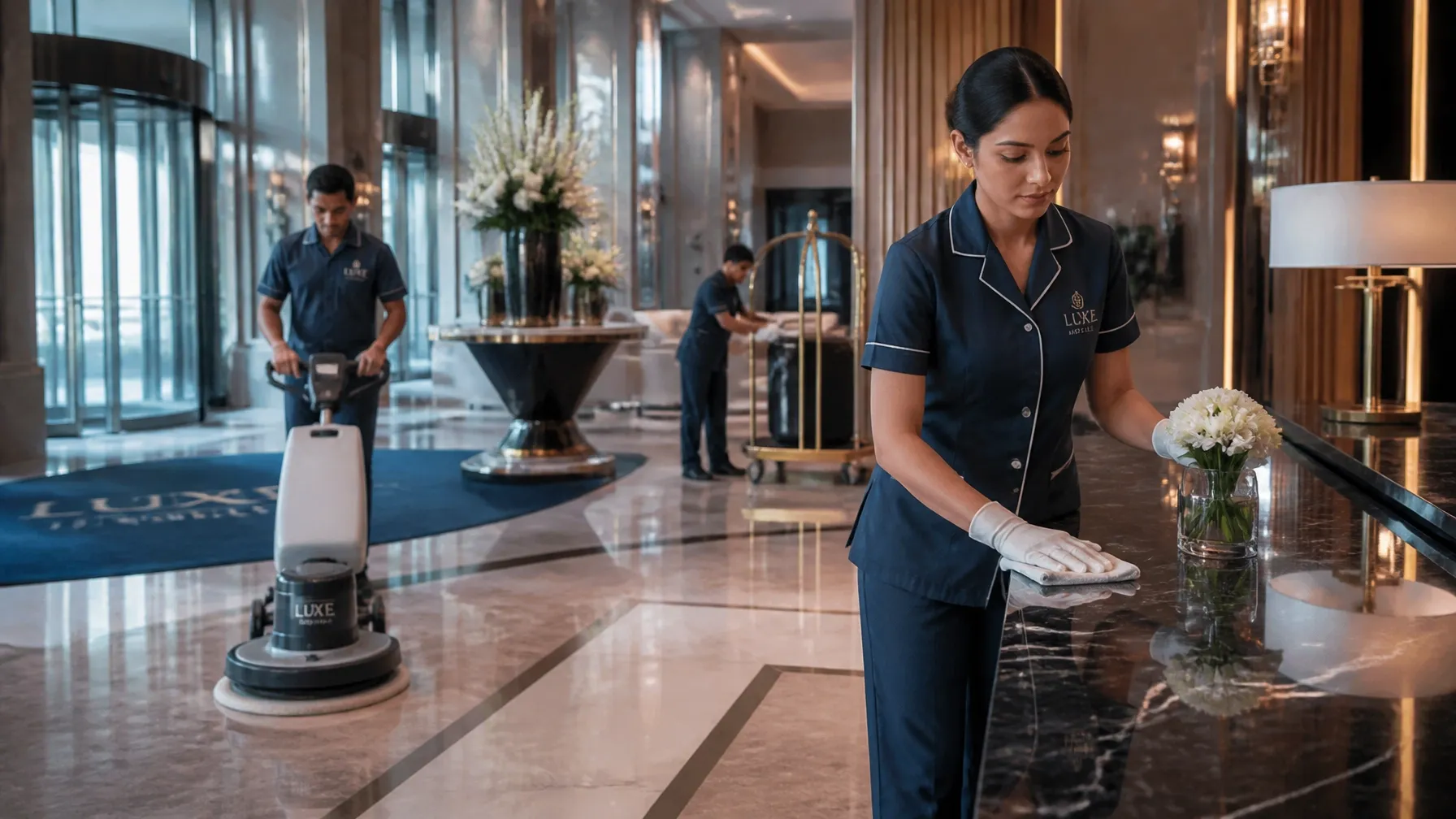 Facility team maintaining a high-traffic hospitality lobby
