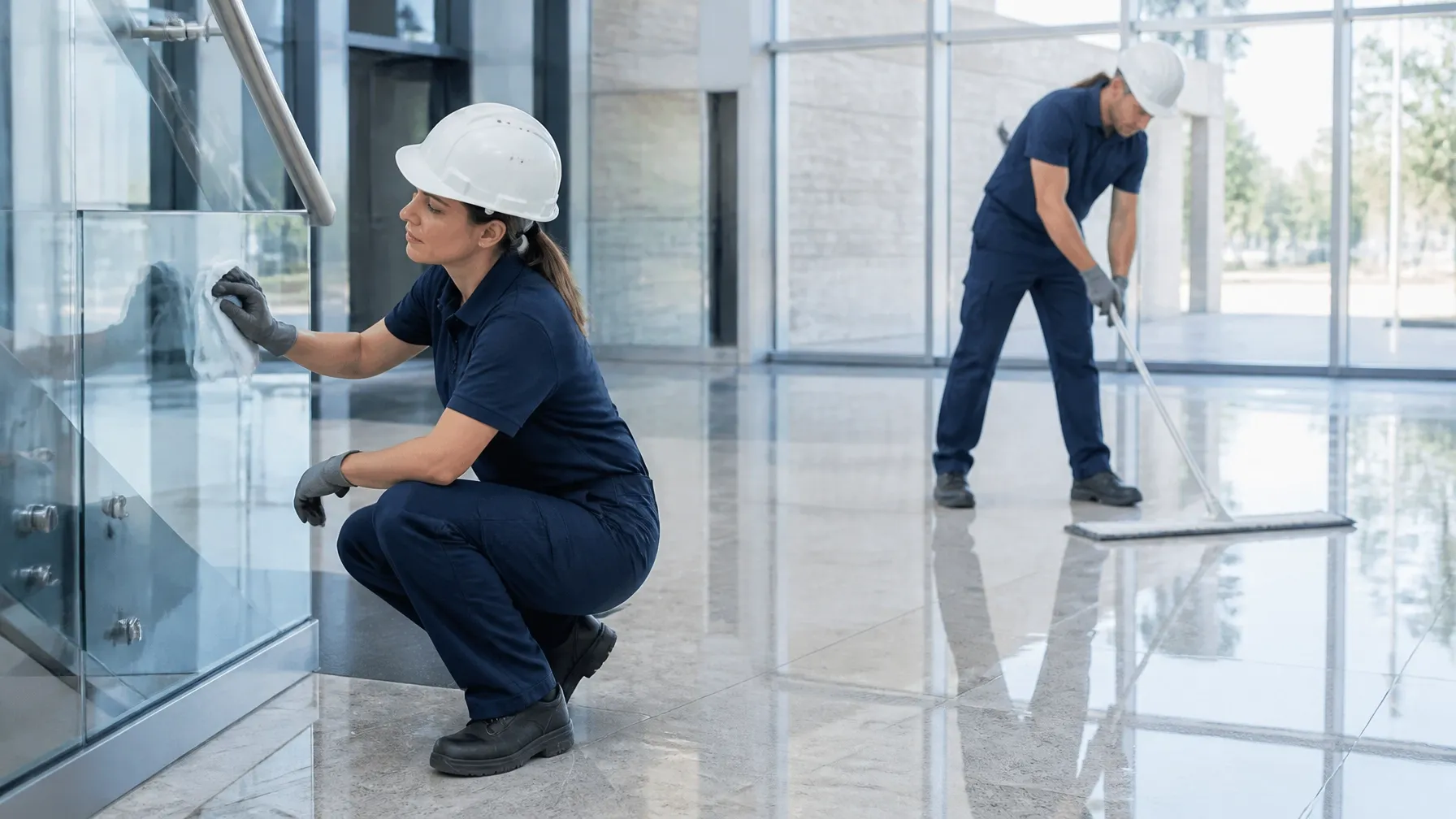 Cleaning team detailing a newly built office lobby after construction